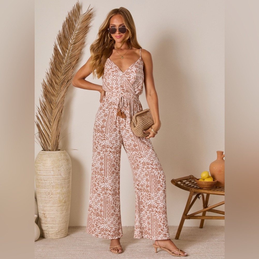 Vici Aakaa Brighton Beach Sleeveless Brown & Cream Printed Jumpsuit Size Small